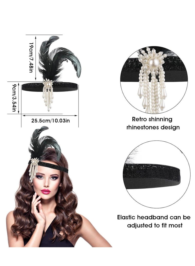 1920s Flapper Headband, Feather Headwear Headpiece Black Head Wear 1920s Fashion Bling Rhinestone Hair Accessories for Women Girls Gatsby Themes Costume Prom Party Decoration White Beads - Image 5