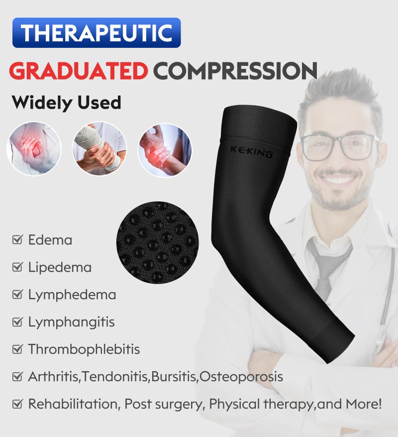 KEKING Lymphedema Compression Arm Sleeves with Silicone Band for Men Women (Pair), 20-30 mmHg Graduated Compression for Lipedema, Edema, Post Surgery Recovery, Swelling, Pain Relief, Black M - Image 4
