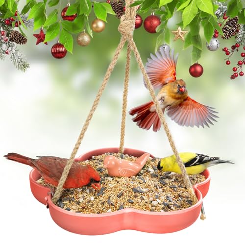 Kingsyard Hanging Bird Feeder and Bath for Outside, 9" Vintage Imitation Ceramic Platform Bird Feeder Tray for Outdoors, Heavy Water Bowl Birdbaths for Garden Patio Decoration Gifts, Orange - Image 1