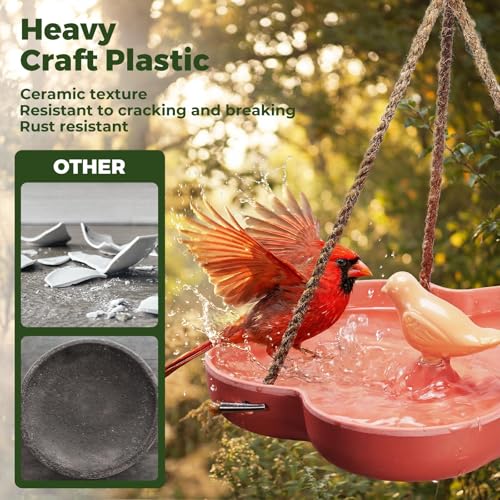 Kingsyard Hanging Bird Feeder and Bath for Outside, 9" Vintage Imitation Ceramic Platform Bird Feeder Tray for Outdoors, Heavy Water Bowl Birdbaths for Garden Patio Decoration Gifts, Orange - Image 2