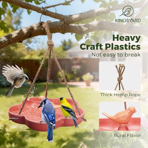Kingsyard Hanging Bird Feeder and Bath for Outside, 9" Vintage Imitation Ceramic Platform Bird Feeder Tray for Outdoors, Heavy Water Bowl Birdbaths for Garden Patio Decoration Gifts, Orange - Image 5