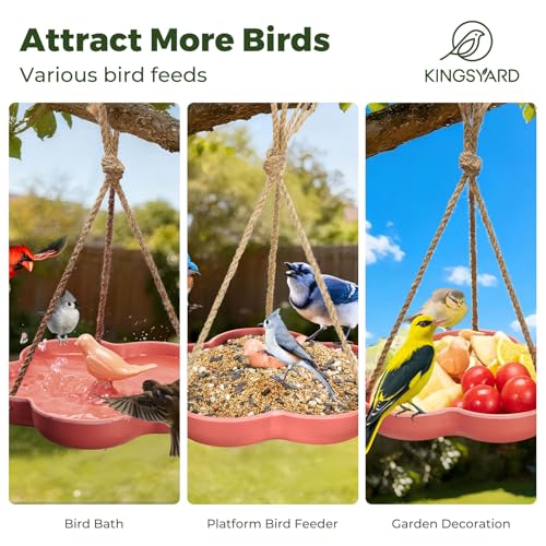 Kingsyard Hanging Bird Feeder and Bath for Outside, 9" Vintage Imitation Ceramic Platform Bird Feeder Tray for Outdoors, Heavy Water Bowl Birdbaths for Garden Patio Decoration Gifts, Orange - Image 3