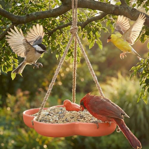 Kingsyard Hanging Bird Feeder and Bath for Outside, 9" Vintage Imitation Ceramic Platform Bird Feeder Tray for Outdoors, Heavy Water Bowl Birdbaths for Garden Patio Decoration Gifts, Orange - Image 4
