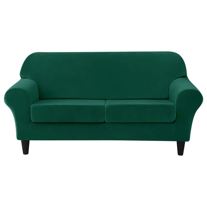 Stretch Sofa Slipcover Soft Velvet Sofa Covers for 2 Cushion Couch Thick Furniture Protector for Pets Kids Green M