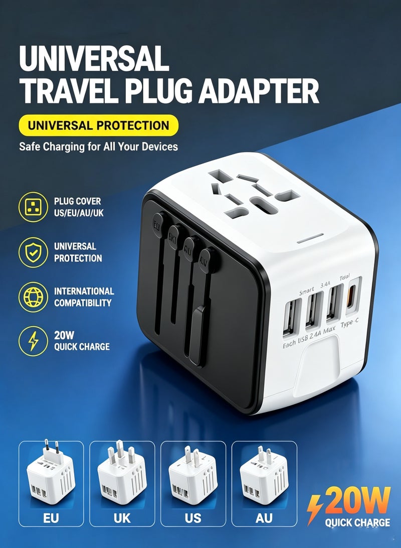 Arabest Universal Travel Adapter, Worldwide Travel Plug Adapter with 3 USB A and 1 USB C, 10A Fuse All In One International Travel Adapter - EU UK US AUS Plugs White - Image 1