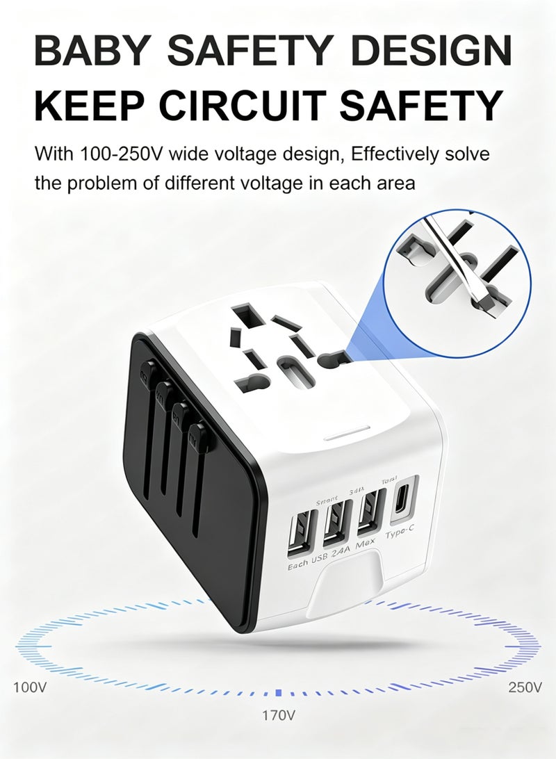 Arabest Universal Travel Adapter, Worldwide Travel Plug Adapter with 3 USB A and 1 USB C, 10A Fuse All In One International Travel Adapter - EU UK US AUS Plugs White - Image 2