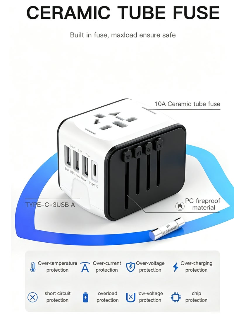 Arabest Universal Travel Adapter, Worldwide Travel Plug Adapter with 3 USB A and 1 USB C, 10A Fuse All In One International Travel Adapter - EU UK US AUS Plugs White - Image 3