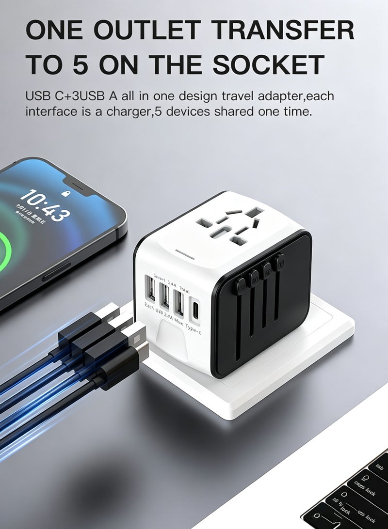 Arabest Universal Travel Adapter, Worldwide Travel Plug Adapter with 3 USB A and 1 USB C, 10A Fuse All In One International Travel Adapter - EU UK US AUS Plugs White - Image 4