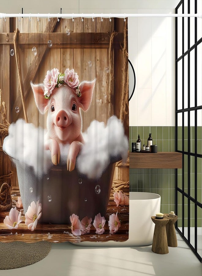 Funny Pig Shower Curtain Cute Pig Sitting in The Bathtub Taking a Bath Farmhouse Vintage Wooden Board Background and Bathroom Rules Polyester Fabric Bathroom Decorative Curtain 70 x 70 inch - Image 1