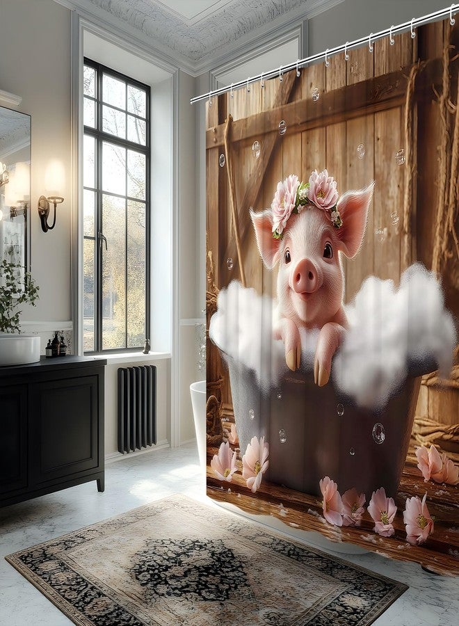 Funny Pig Shower Curtain Cute Pig Sitting in The Bathtub Taking a Bath Farmhouse Vintage Wooden Board Background and Bathroom Rules Polyester Fabric Bathroom Decorative Curtain 70 x 70 inch - Image 4