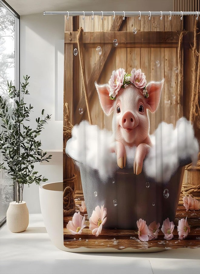 Funny Pig Shower Curtain Cute Pig Sitting in The Bathtub Taking a Bath Farmhouse Vintage Wooden Board Background and Bathroom Rules Polyester Fabric Bathroom Decorative Curtain 70 x 70 inch - Image 3