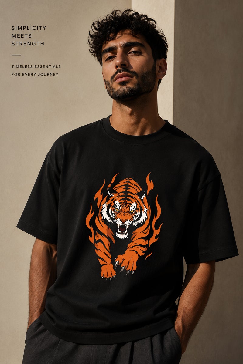 Men's Oversized Black Tiger Graphic T-Shirt Casual Short Sleeve Crew Neck Streetwear Tee - Image 1