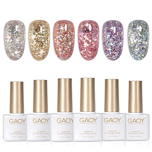 GAOY Glitter Gel Nail Polish Set, 6 Colors Including Pink White Gold Purple for Nail Art DIY Manicure and Pedicure at Home - Image 1