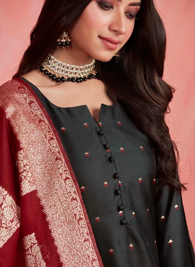 ISHIN Women'S Black & Maroon 100% Cotton Printed Straight Fit Kurta Set