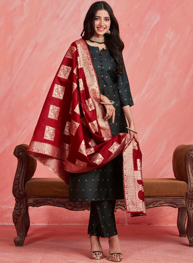ISHIN Women'S Black & Maroon 100% Cotton Printed Straight Fit Kurta Set