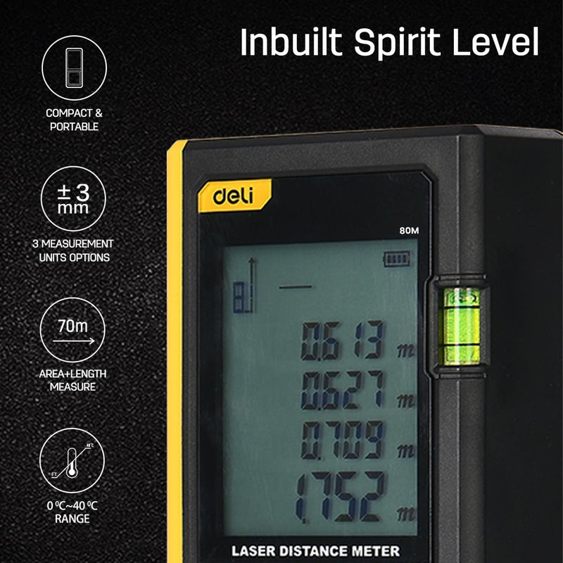 Deli DL4169 مقياس المسافة بالليزر 3V حتى 80 متر نطاق قياسات المسافة المستمرة والحجم والمساحة وضع فيثاغورس 30 وحدة أقصى تخزين م/ث/قدم وحدة 150 ثانية إيقاف تلقائي (1 قطعة) - Image 5