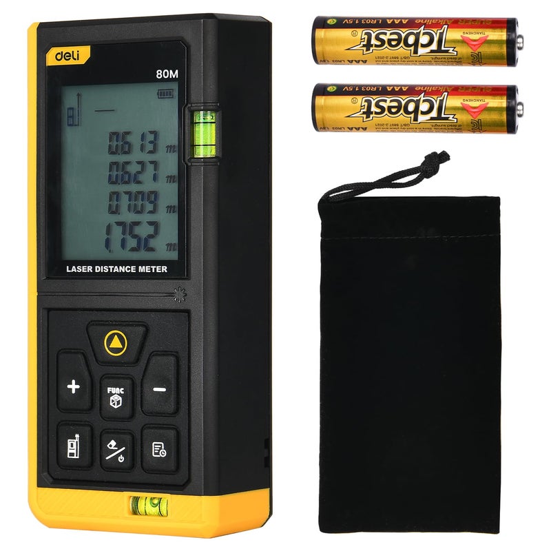 Deli DL4169 مقياس المسافة بالليزر 3V حتى 80 متر نطاق قياسات المسافة المستمرة والحجم والمساحة وضع فيثاغورس 30 وحدة أقصى تخزين م/ث/قدم وحدة 150 ثانية إيقاف تلقائي (1 قطعة) - Image 1
