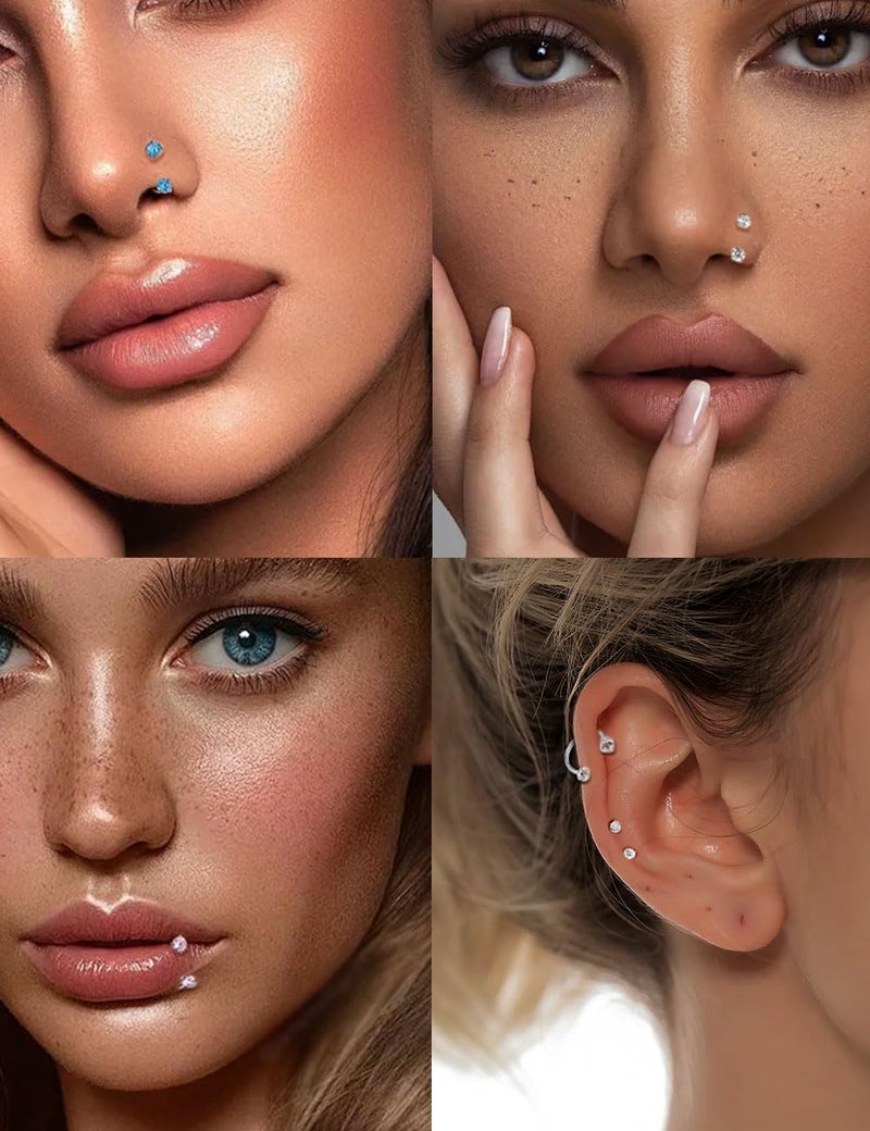 Tornito Horseshoe Nose Rings Half Hoop Earrings For Women Internally Threaded Double CZ Daith Tragus Helix Earring Lip Labret Septum Piercing 18G 20G 8mm Silver Gold Plated - Image 3
