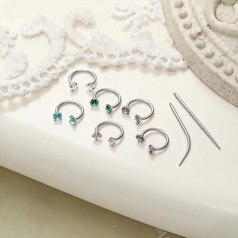 Tornito Horseshoe Nose Rings Half Hoop Earrings For Women Internally Threaded Double CZ Daith Tragus Helix Earring Lip Labret Septum Piercing 18G 20G 8mm Silver Gold Plated - Image 5