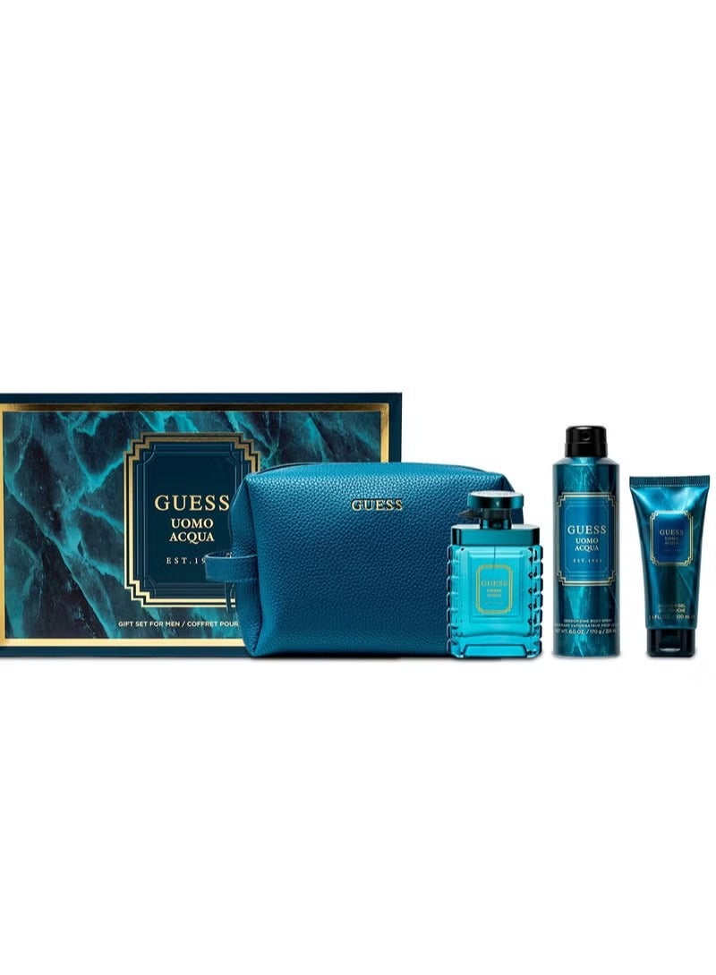 Guess Uomo Aqua Gift Set Eau de Toilette 100ml + Deodorant Body Spray 226ml + Shower Gel 100ml + Bag - Image 2