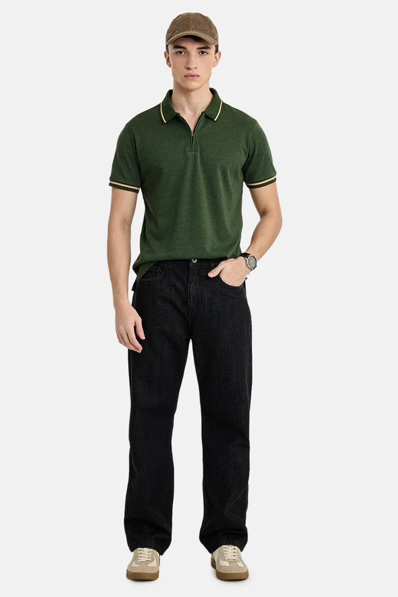 سنيتش Dark Green Textured Half Sleeve Regular Fit Casual T-Shirt