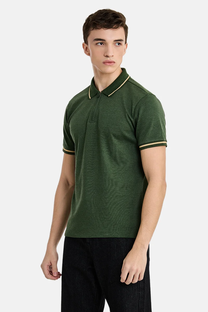 Snitch Dark Green Dark Green Textured Half Sleeve Regular Fit Casual T-Shirt for Men | Best Price UAE