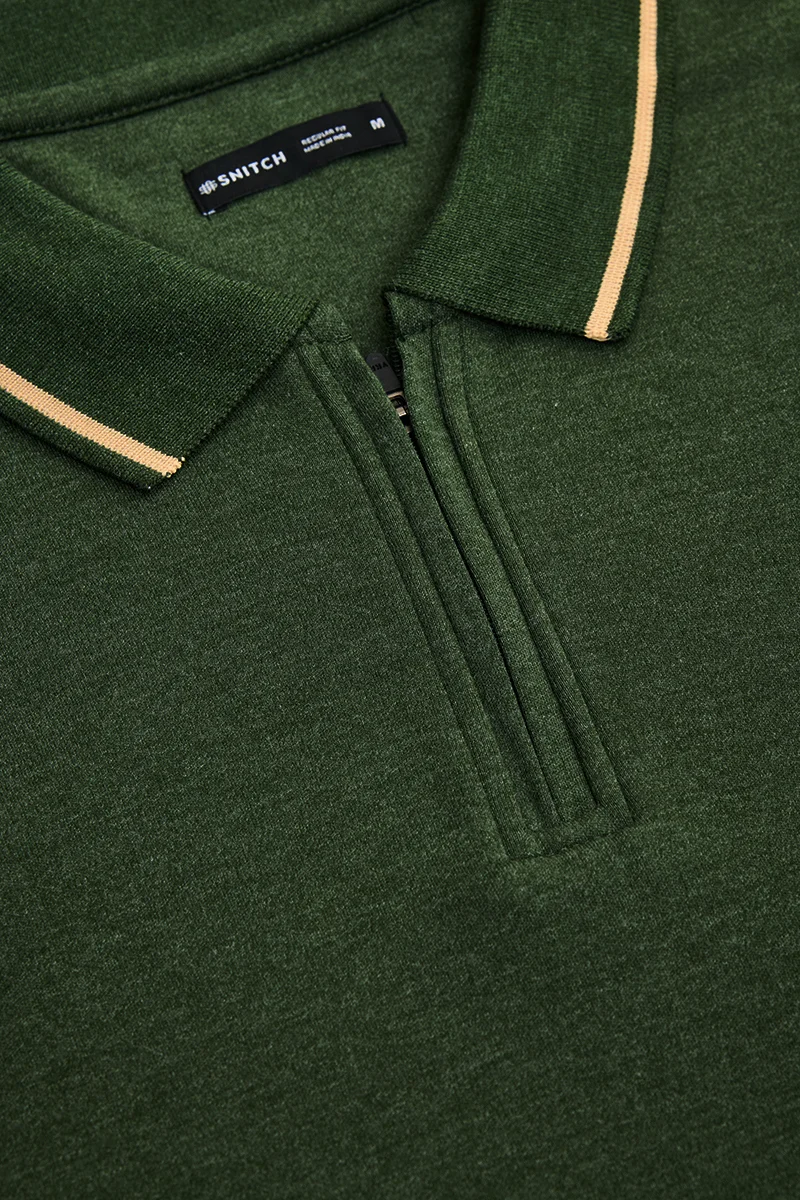 Snitch Dark Green Dark Green Textured Half Sleeve Regular Fit Casual T-Shirt for Men | Best Price UAE