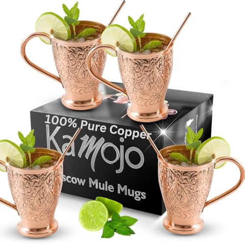 Kamojo Moscow Mule Copper Mugs Set of 4 with Unique Handcrafted Embossed Design with AntiTarnish FoodGrade Coating  Copper Cups Gift Set with 4 Straws  Recipe EBook 16 oz