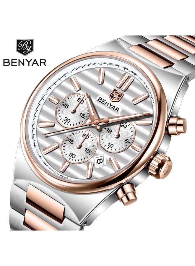 BENYAR Mens Watches Multifunction Chronograph Date Quartz Watch for Men Stainless Steel Band Wrist Watch Gift for Men Casual Business - Image 1