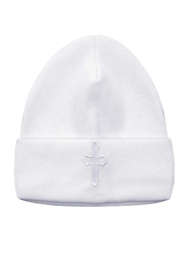 ESTAMICO Baby Boys Girls Christening Hat with Embroidered Cross Newborn Infant Beanie Hat Baptism Gifts, 3-6 Months - Image 1
