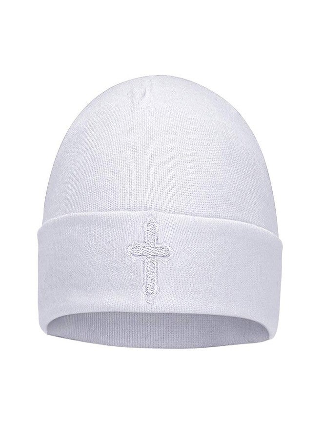 ESTAMICO Baby Boys Girls Christening Hat with Embroidered Cross Newborn Infant Beanie Hat Baptism Gifts, 3-6 Months - Image 3