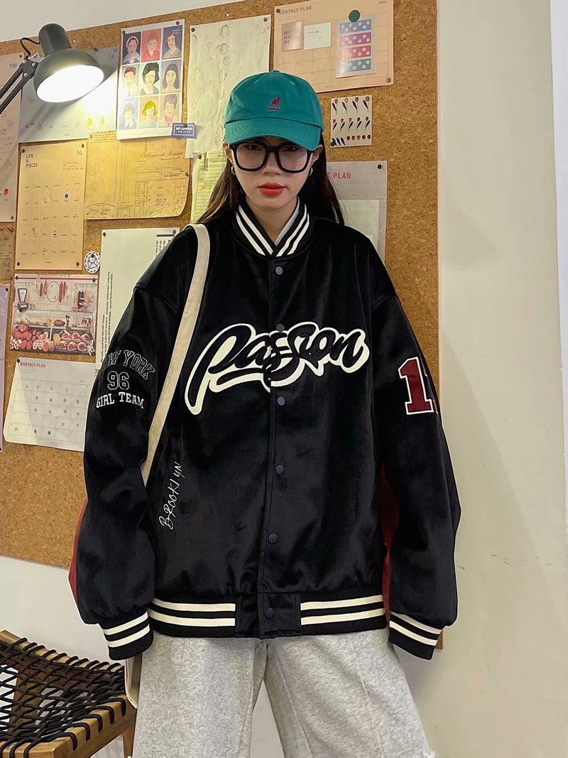 Letter Embroidered Jacket For Couple American Fashion Oversize Baseball Uniform Retro Loose Long Sleeve Jacket - Image 4
