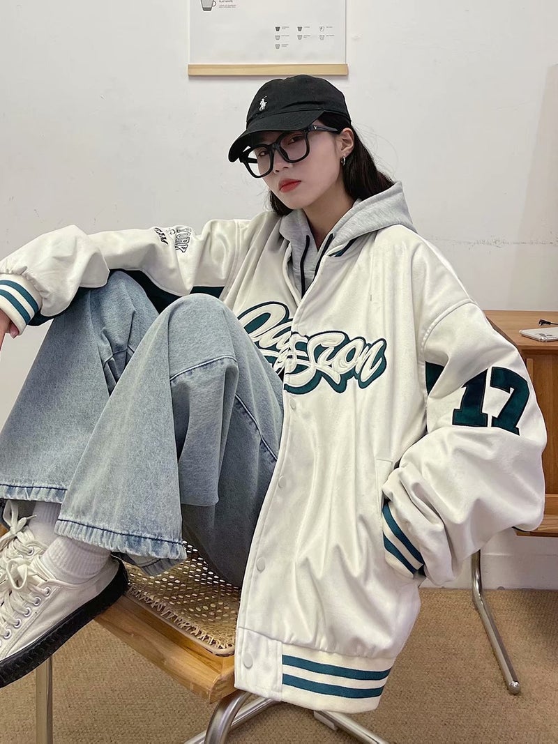 Letter Embroidered Jacket For Couple American Fashion Oversize Baseball Uniform Retro Loose Long Sleeve Jacket - Image 5