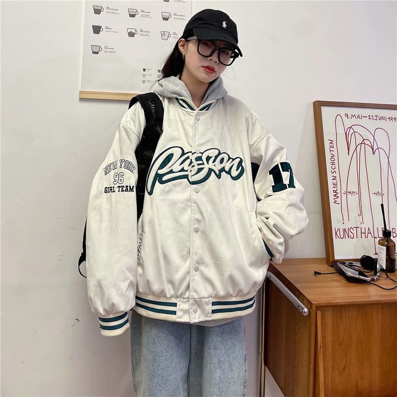 Letter Embroidered Jacket For Couple American Fashion Oversize Baseball Uniform Retro Loose Long Sleeve Jacket - Image 2