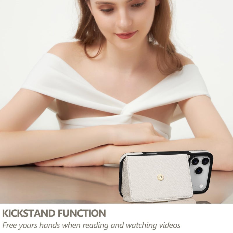 Keallce Wallet Case for iPhone 17 Pro Max 6.9'', Flip Case with RFID Blocking Card Holder Slots Kickstand, PU Leather Protective Folio Cover for Women, Beige - Image 4