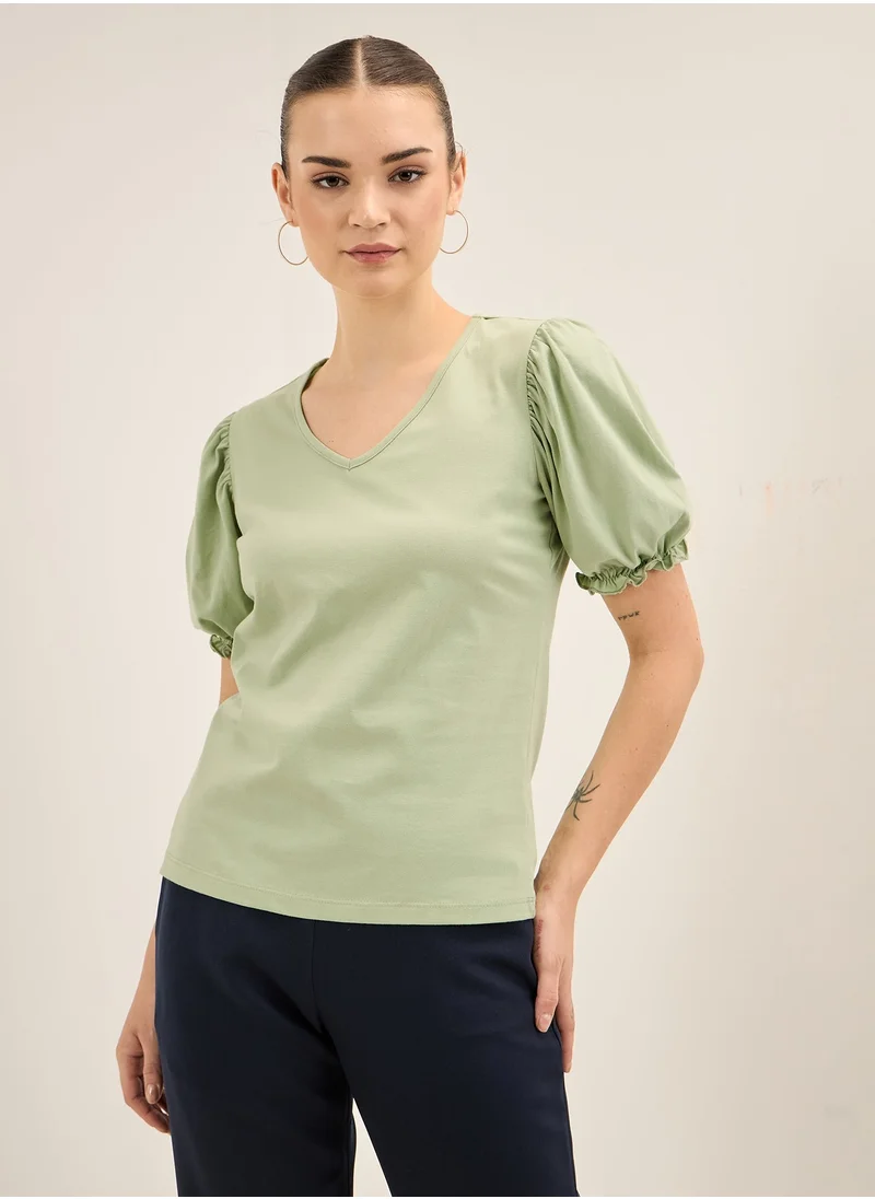 سولت اتاير Women's Mint Color V-Neck Top with Elbow-Length Gathered Sleeves and Regular Fit, Comfortable and Stylish for Everyday Wear