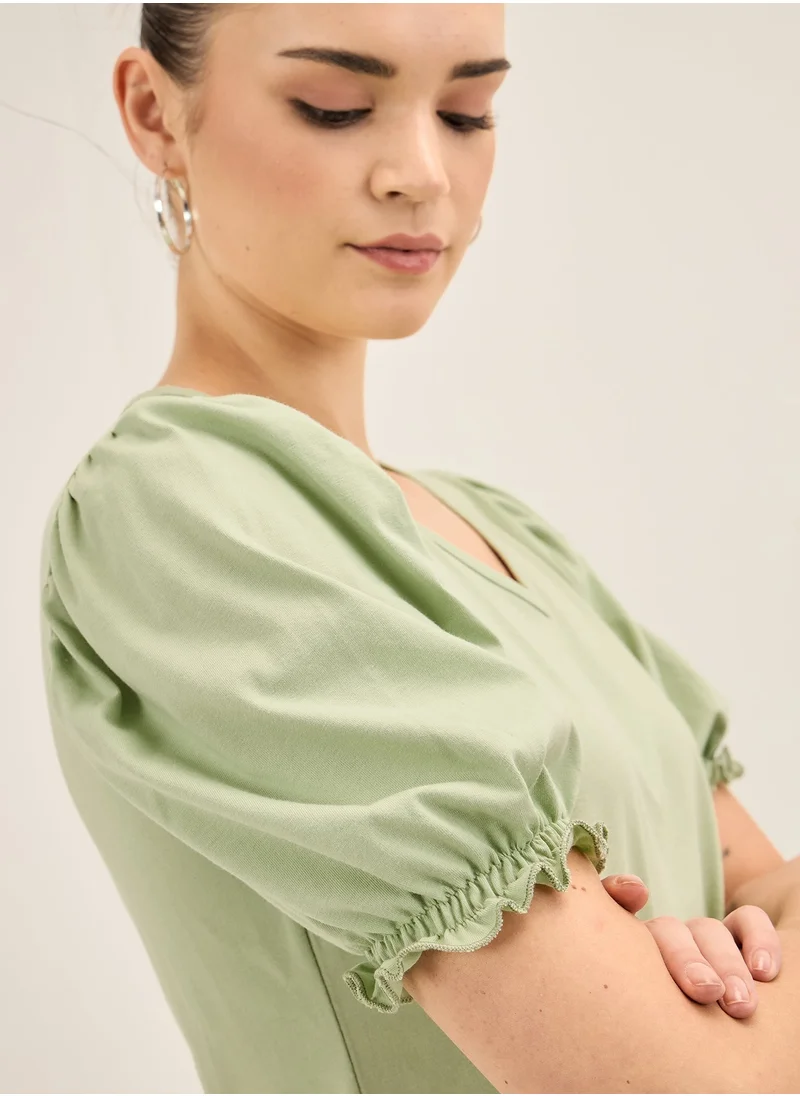 سولت اتاير Women's Mint Color V-Neck Top with Elbow-Length Gathered Sleeves and Regular Fit, Comfortable and Stylish for Everyday Wear