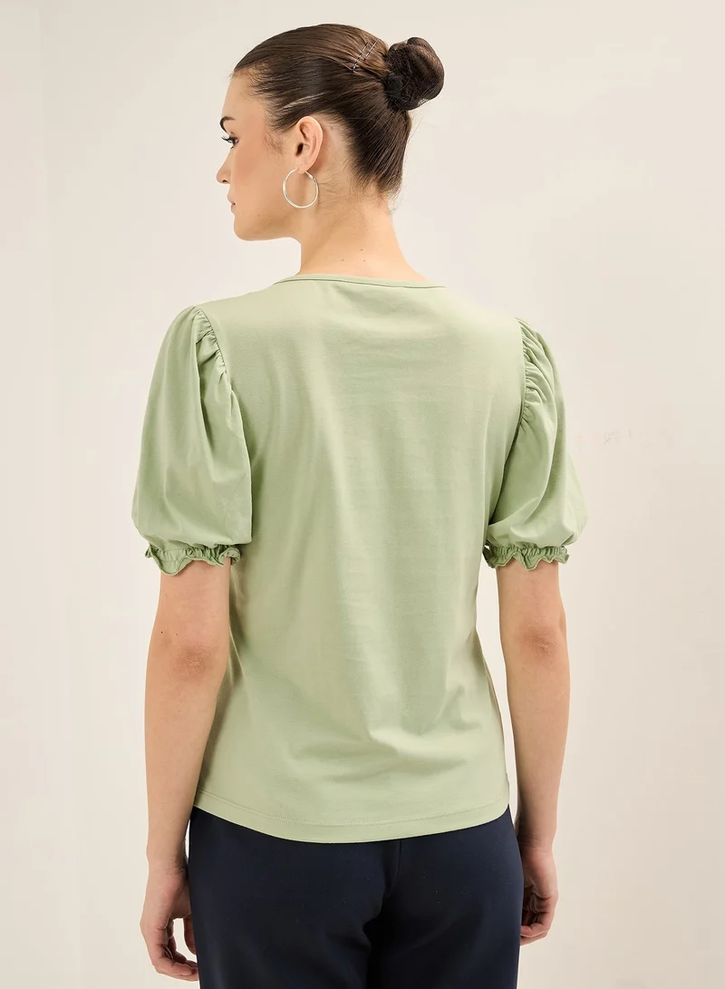 Salt Attire Women's Mint Color V-Neck Top with Elbow-Length Gathered Sleeves and Regular Fit, Comfortable and Stylish for Everyday Wear