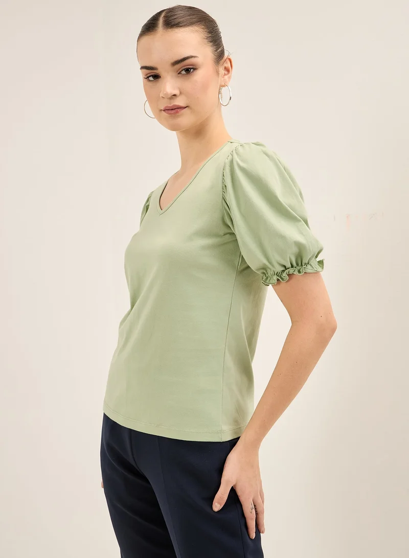 Salt Attire Women's Mint Color V-Neck Top with Elbow-Length Gathered Sleeves and Regular Fit, Comfortable and Stylish for Everyday Wear
