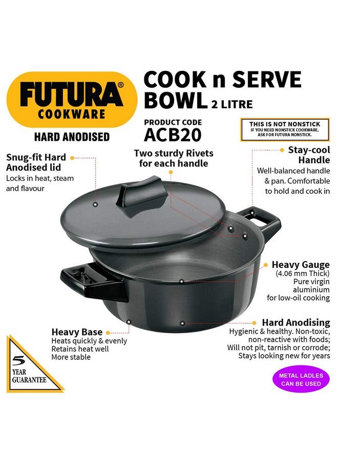 Hawkins Futura 2 Litre Cook n Serve Bowl, Hard Anodised Saucepan with Hard Anodised Lid, Sauce Pan for Cooking and Serving, Black (ACB20), Aluminium - Image 2