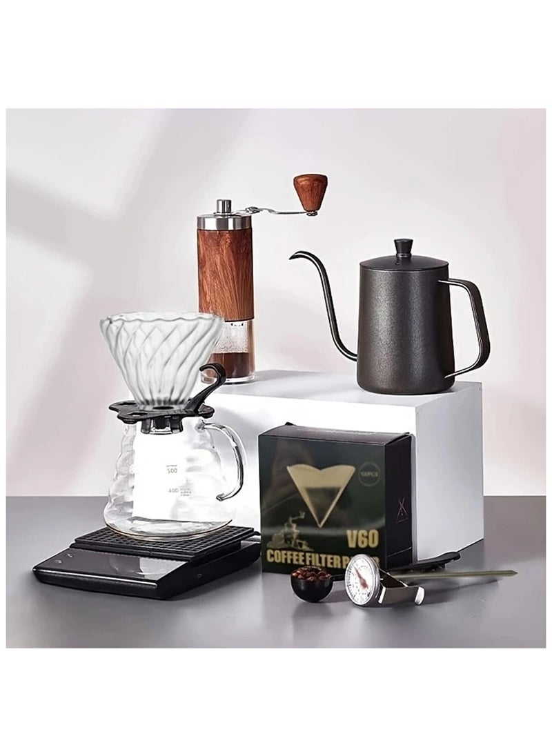 KADRAMA V60 Coffee Tool Set, 8-Piece V60 Pour Over Coffee Set All-in-One Portable Drip Coffee Maker with Timing Scale/Bean Grinder/Coffee Pot/Coffee Filter/100 Piece Coffee Paper/Bean Spoon  - Image 1