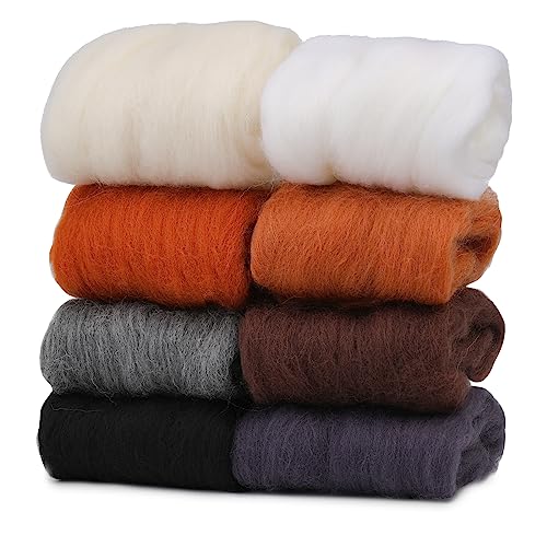 Wonvoc Needle Felting Wool 2.82 OZ (80 g), 8 Colors Wool Roving, Felting Wool Bulk, Wool Roving for Needle Felting, for DIY Craft Materials, White, Black, Brown - Image 1