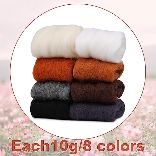 Wonvoc Needle Felting Wool 2.82 OZ (80 g), 8 Colors Wool Roving, Felting Wool Bulk, Wool Roving for Needle Felting, for DIY Craft Materials, White, Black, Brown - Image 2