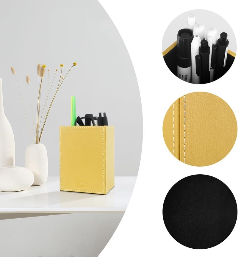 Fosinz Pen Pencil Holder Cup Container PU Leather Desk Organizer Stand Decor Brush Scissor Holder Decoration Office Desk Home School (Yellow, 3.54" x 3.54" x 4.72") - Image 1