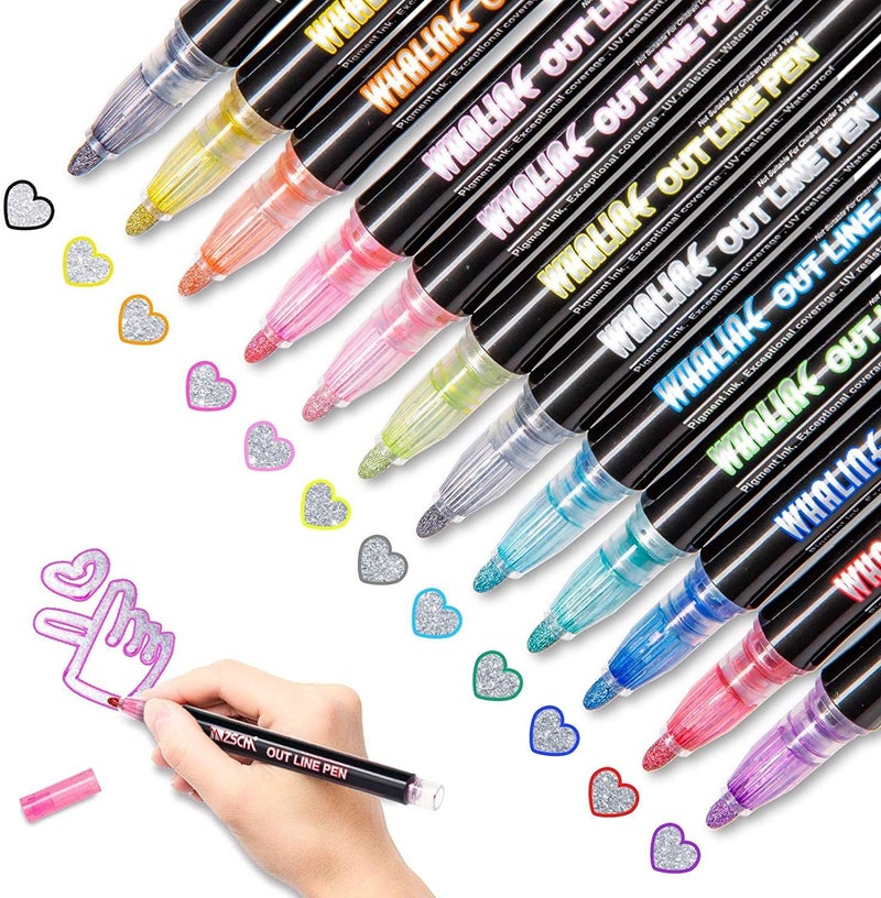 Whaline Outline Shimmer Markers 12 Colors Double Line Outline Pens Stocking Stuffers for Teen Girl Gifts Trendy Stuff Glitter Metallic Gel Pens for Birthday Christmas Card Journaling Drawing Crafting - Image 1