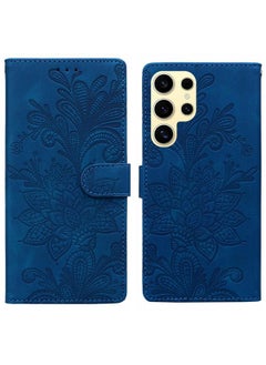 erorex For Samsung Galaxy S25 Ultra 5G Lace Floral Embossed Magnetic Buckle PU Phone Case With Wrist Strap(Blue) 