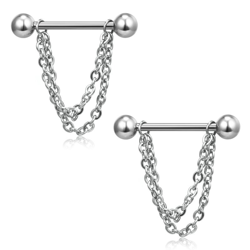 Ruifan Surgical Steel Chain Dangle Nipple Shield Rings Barbell Piercing Jewelry 14G 5/8Inch 2PCS - Silver w Balls - Image 1