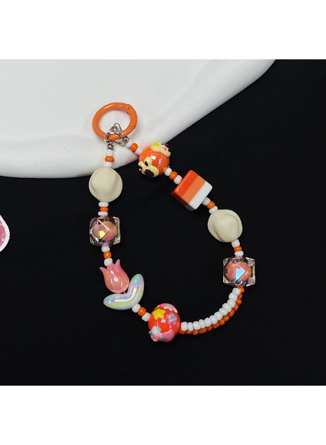 NIBEMINENT Beaded Phone Lanyard, Anti Lost Removable Wrist Strap, Dopamine Girl Colorful Blossoms Bracelet Pendant, Phone Keychain Lanyard,Orange Red  - Image 1