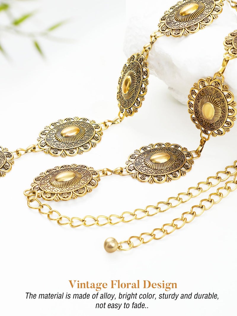 FIORETTO Chain Belt for Women, Metal Western Cowboy Cowgirl Waist Chain with Oval Conchos, Boho Country Style Belt for Dress & Jeans, Gold, Length 45inch - Image 2