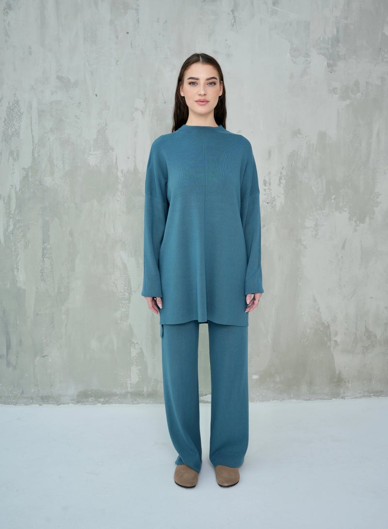 Andy Women's Premium Knitwear Set – Long-Sleeve Tunic Top with Wide-Leg Trousers | Elegant & Comfortable Two-Piece Outfit for Casual or Formal Wear - Teal - Image 1